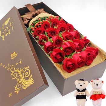 钟情-19朵红玫瑰礼盒（送2公仔）