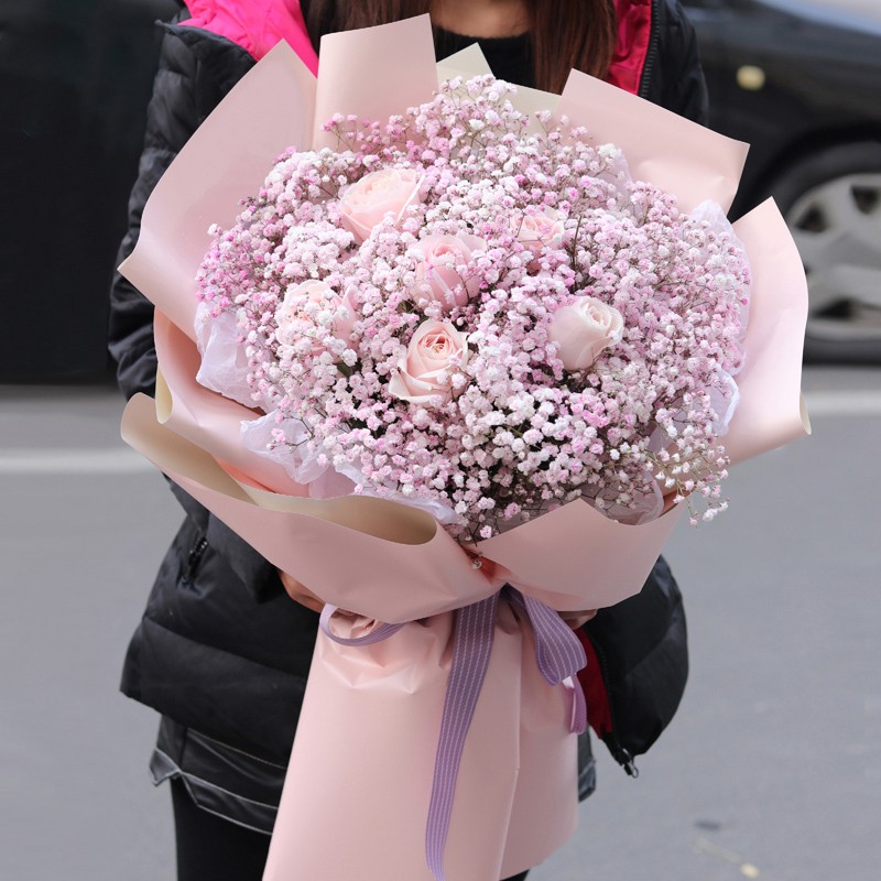 初恋一生-6朵粉玫瑰满天星韩式鲜花花束