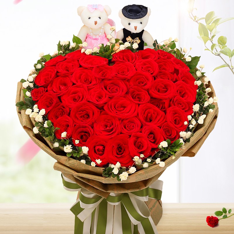 爱的诺言-52朵红玫瑰心形花束