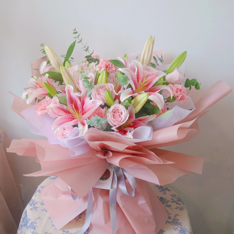 幸福满溢-粉百合粉玫瑰粉康花束